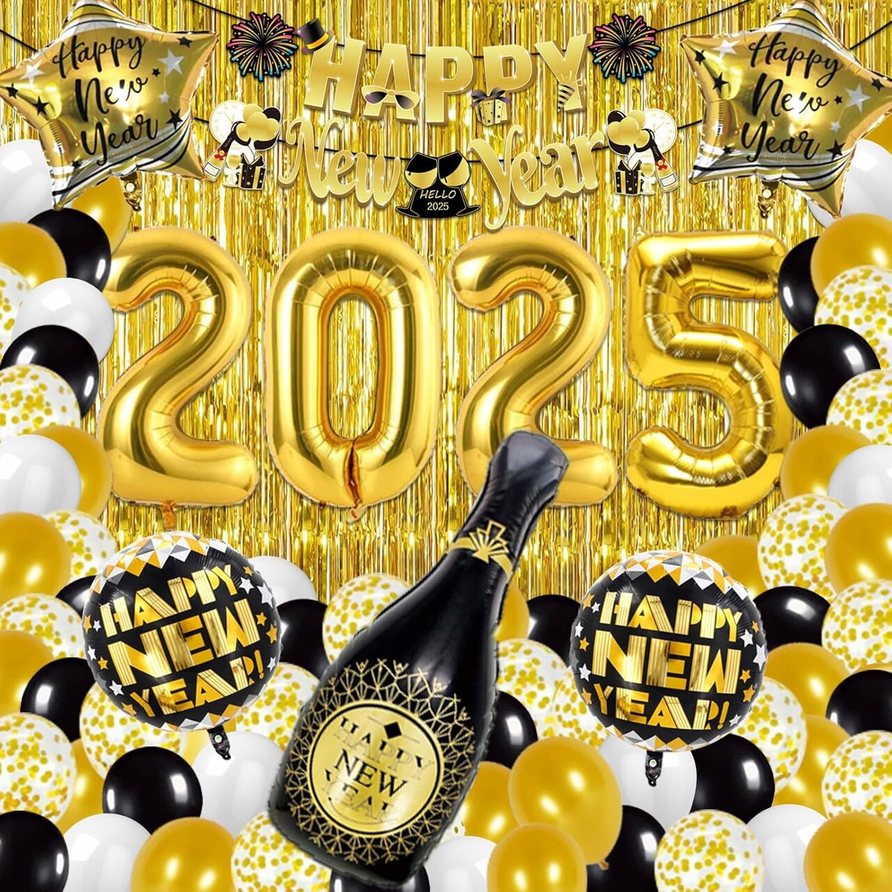 New Years Eve Party Supplies 2025, 121pcs New Years Decorations, NYE Decorations 2025 with Happy New Year Banner, 2025 Balloons, Fringe Curtains, Foil Balloons for Happy New Year 2025